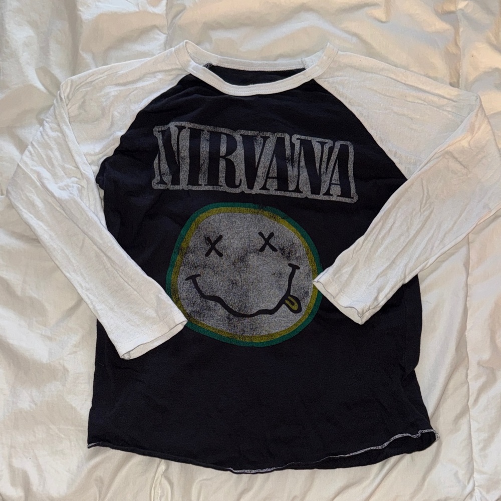 Rowdy Sprout Nirvana Black & White Raglan Long Sleeve Tee with Smiley Graphic
